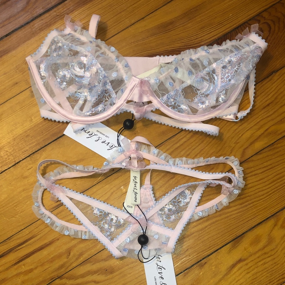 For Love & Lemons Pink Sheer Embroidered Underwire Strappy Panty Set